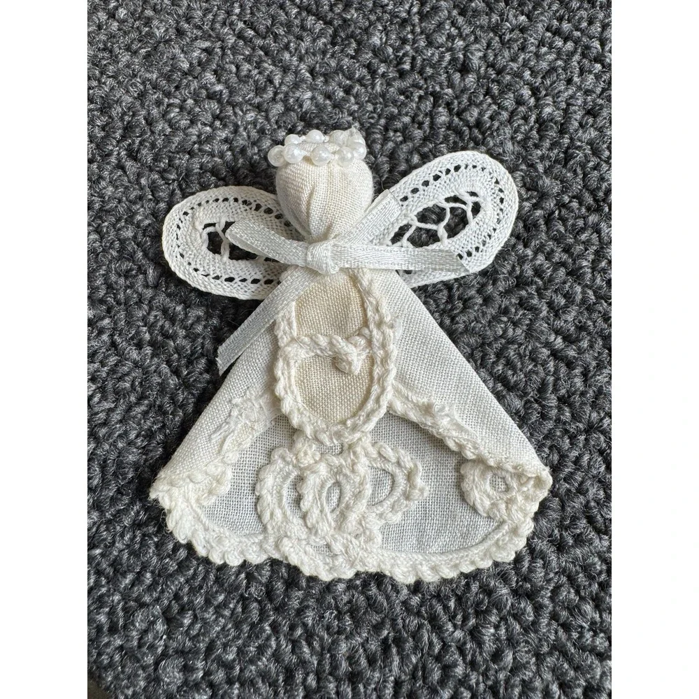 VINTAGE EMBROIDERED LACE ANGEL PIN. HEARTS AND OTHER DETAILS